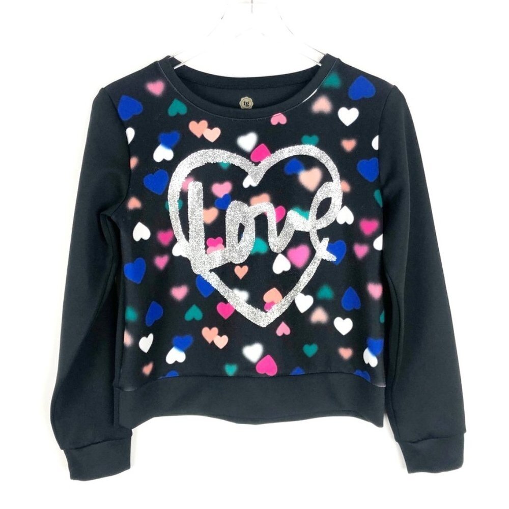 Total Girl Sweatshirt Kids Size XL-16 Black Silver Love Sparkly Heart Graphic